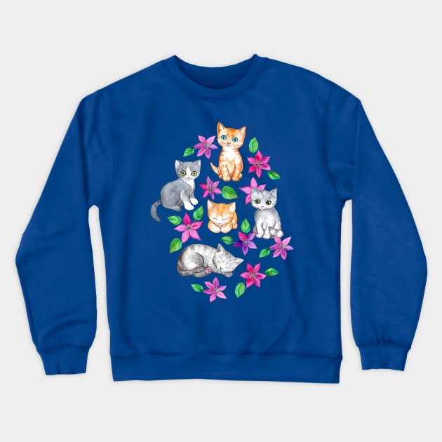 Kittens and Clematis - blue Crewneck Sweatshirt by micklyn